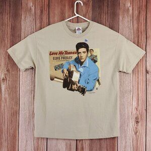 Vintage 1998 AAA Mens Sz XL Elvis Presley Love Me Tender Tan T-Shirt Tee Cotton